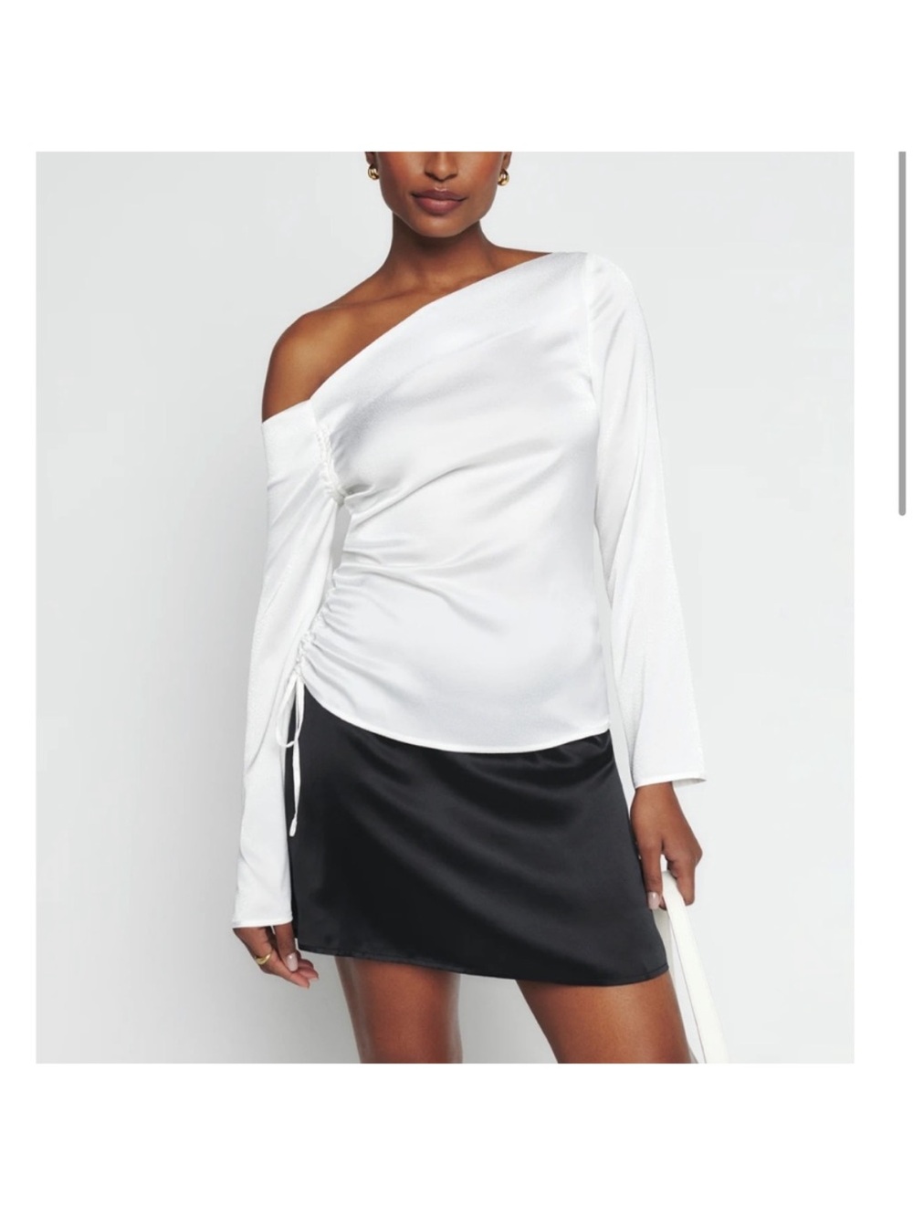 Reformation White One-Shoulder Ruched Satin Top